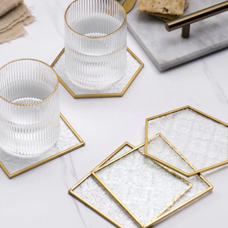 Embossed Glass Gold Framed Coasters